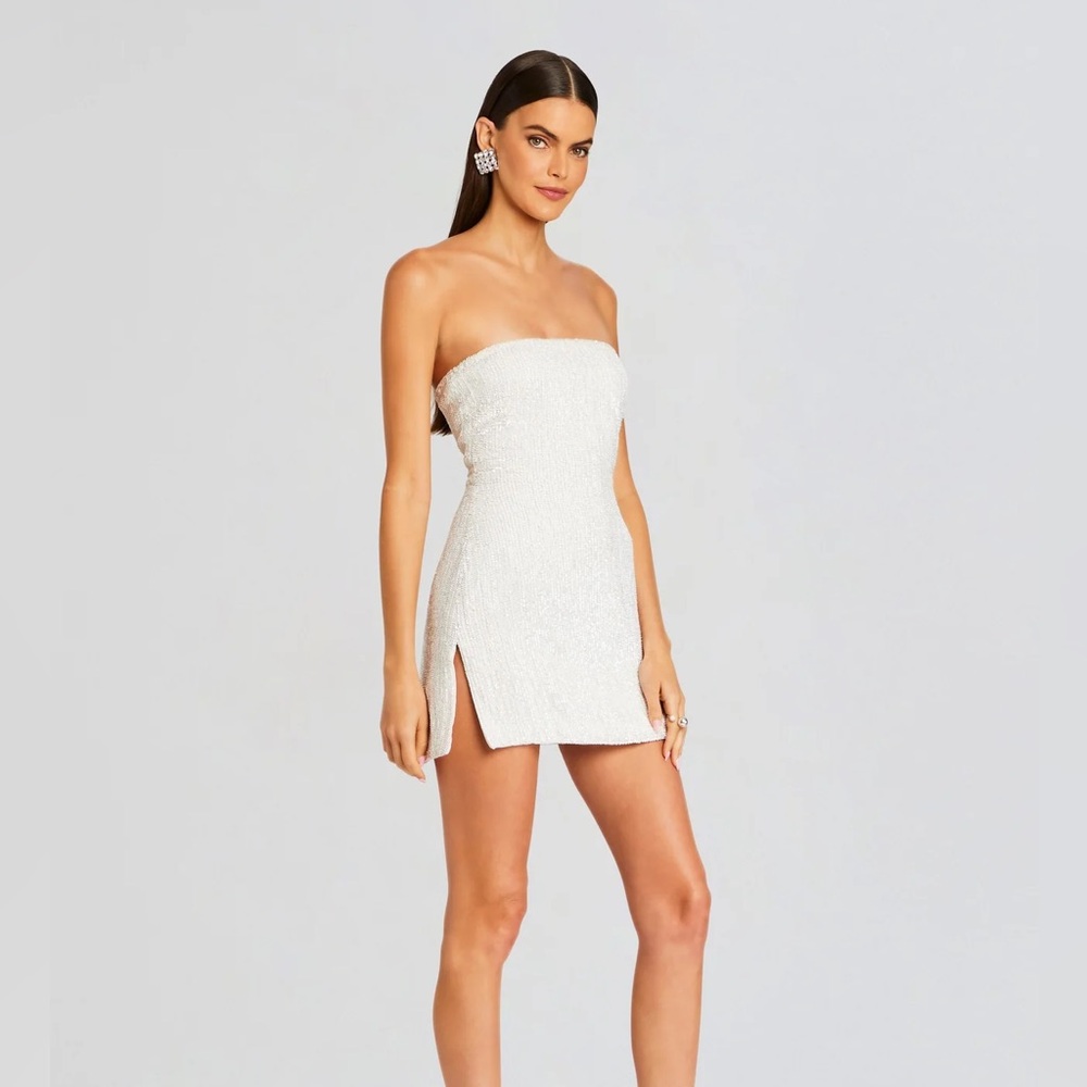 Retrofete White Strapless Mini Dress with Side Slits